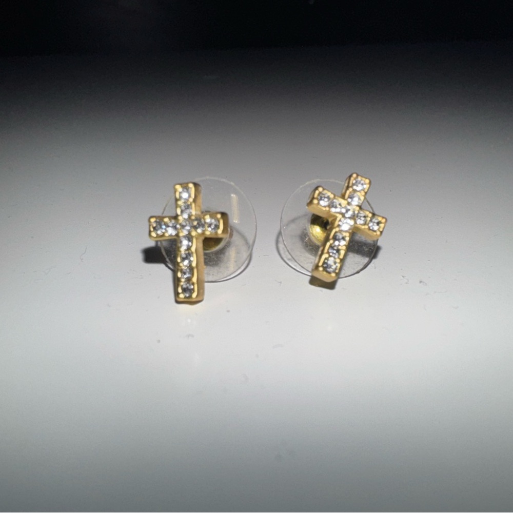 Gold Cross Stud Earrings with Crystals